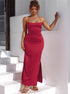 Halter Sheath Slit Satin Wine Red Prom Dresses LBQ3503